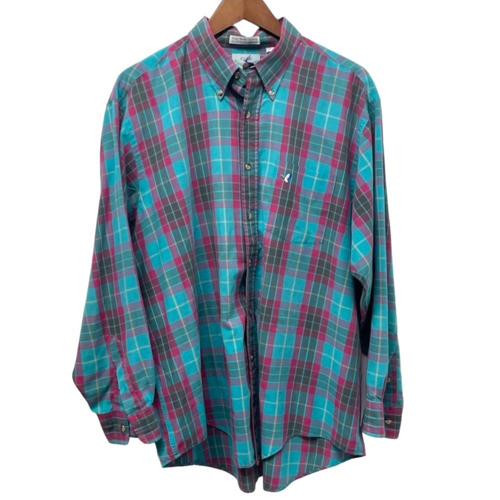 Flying Scotsman Long Sleeved Shirt Mens 1X big; Teal Madras Plaid Button Up